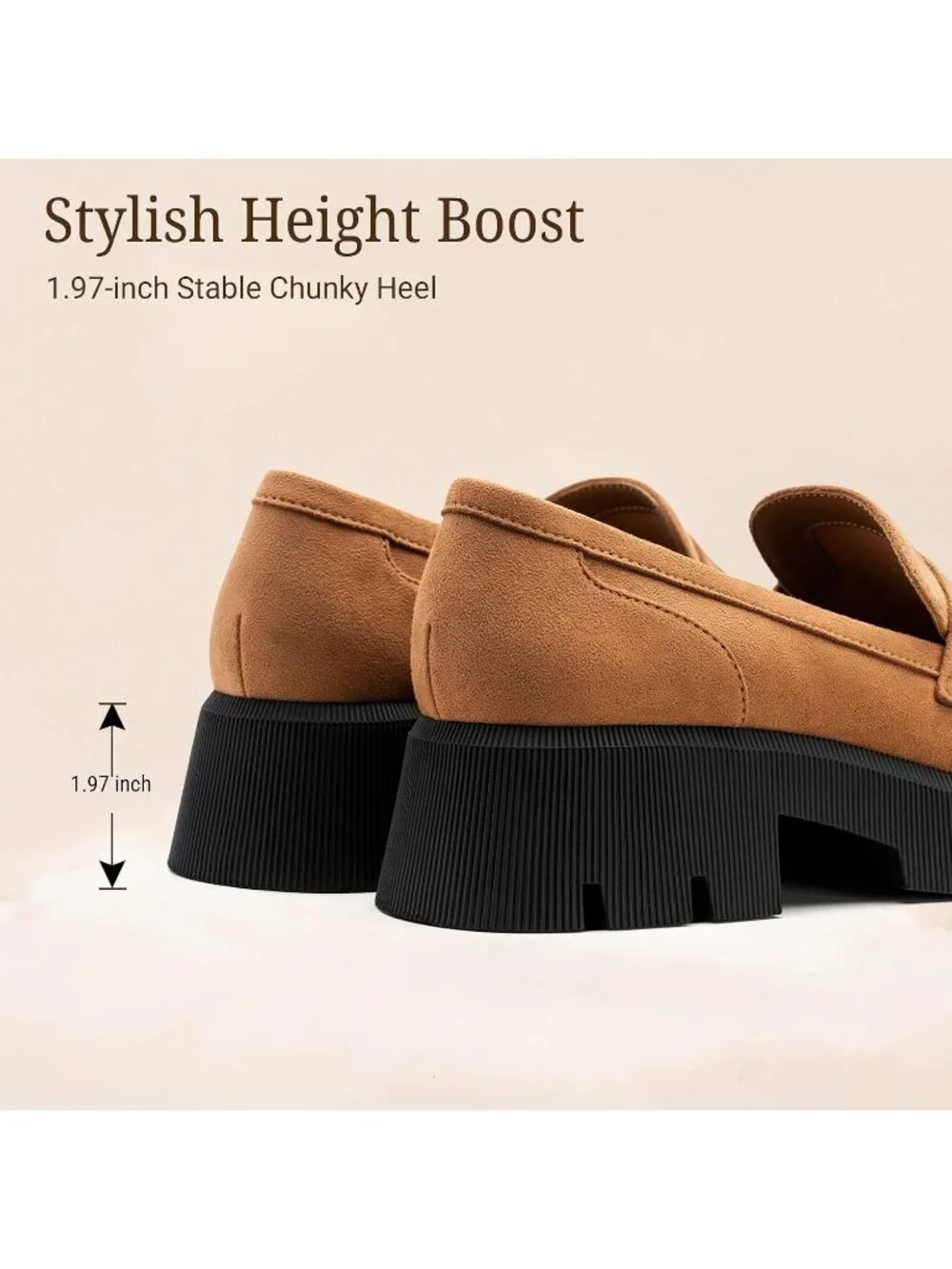 Women's Brown Round Toe Heeled Chunky Lug Sole Slip On Casual Penny Loafer Shoes
